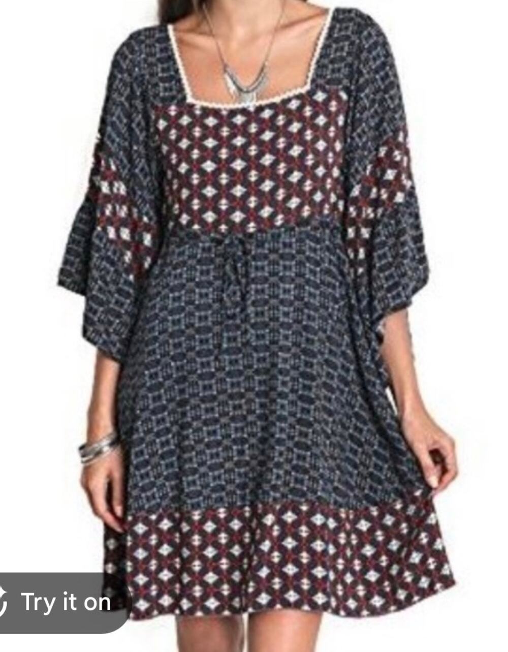 Umgee Mixed Print Tunic Dress Boho Mini Sz S
